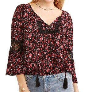 Boho Floral Peasant Top Crochet Trim Sz L NWT